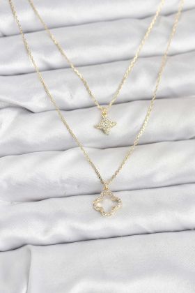 Pirinç Gold Renk Yonca Model 2'li Kadın Kolye - TJ-BKO10801