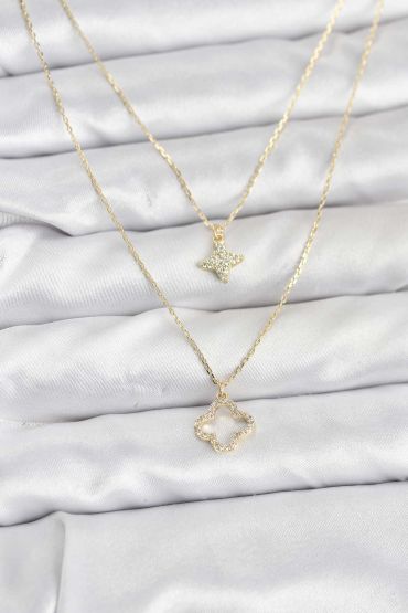 Pirinç Gold Renk Yonca Model 2'li Kadın Kolye - TJ-BKO10801