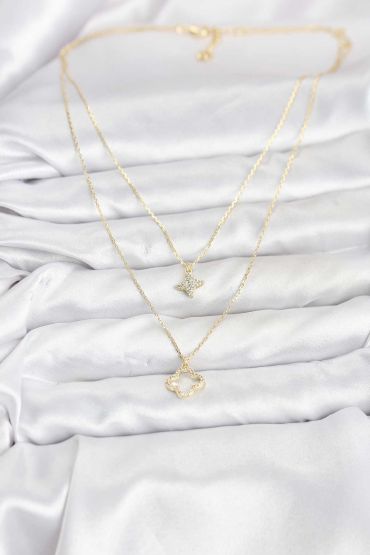 Pirinç Gold Renk Yonca Model 2'li Kadın Kolye - TJ-BKO10801