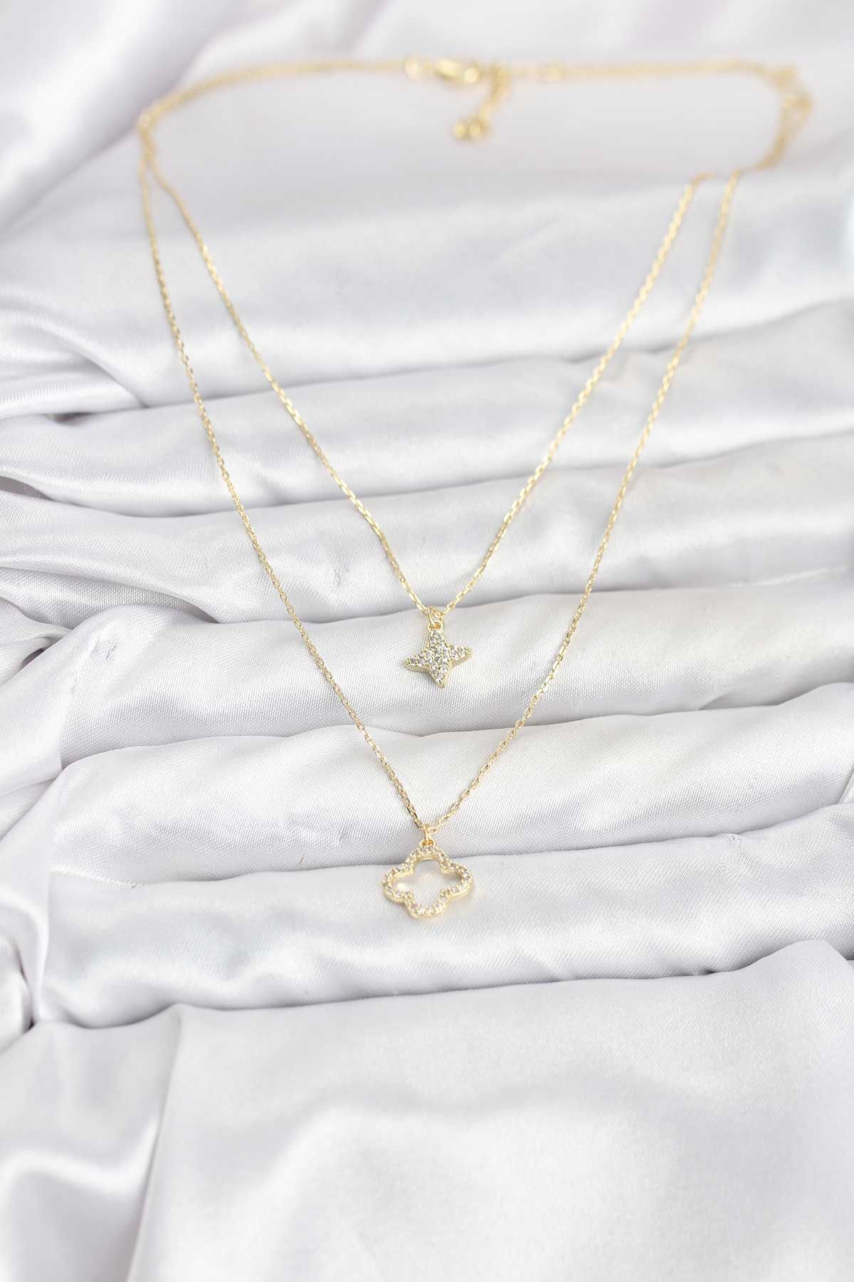 Pirinç Gold Renk Yonca Model 2'li Kadın Kolye - TJ-BKO10801