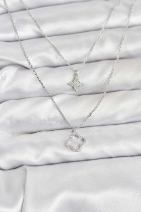 Pirinç Gümüş Renk Yonca Model 2'li Kadın Kolye - TJ-BKO10802