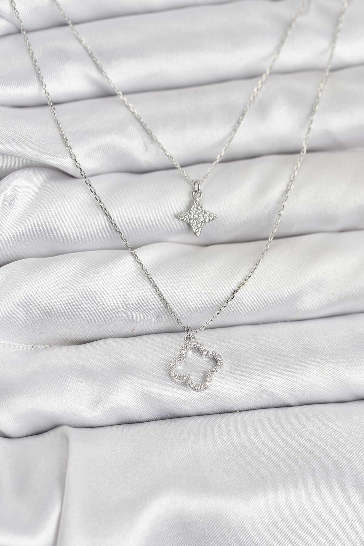 Pirinç Gümüş Renk Yonca Model 2'li Kadın Kolye - TJ-BKO10802