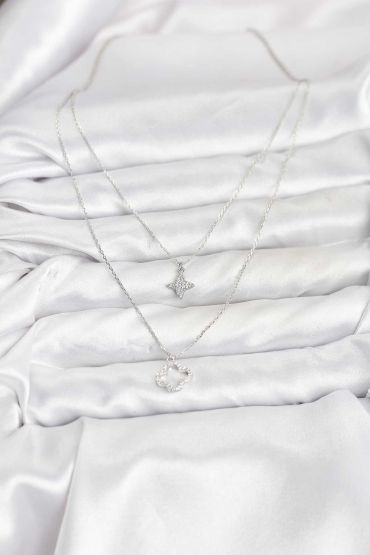 Pirinç Gümüş Renk Yonca Model 2'li Kadın Kolye - TJ-BKO10802