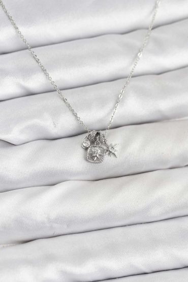 Pirinç Gümüş Renk Minimal Charmlı Kadın Kolye - TJ-BKO10804