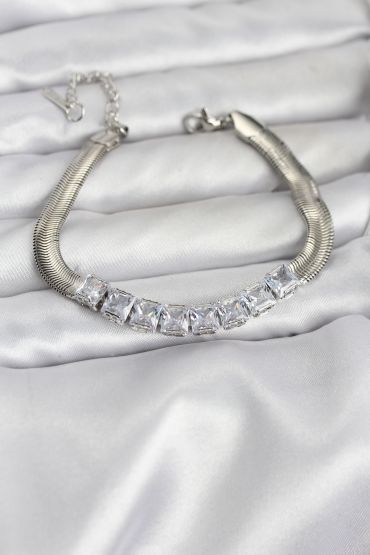 316L Çelik Gümüş Renk Kare Zirkon Taşlı Yılan Zincirli Kadın Bileklik - TJ-BB8153
