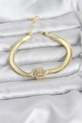 316L Çelik Gold Renk Baget Zirkon Taşlı Yılan Zincirli Kadın Bileklik - TJ-BB8154