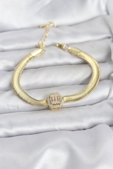316L Çelik Gold Renk Baget Zirkon Taşlı Yılan Zincirli Kadın Bileklik - TJ-BB8154