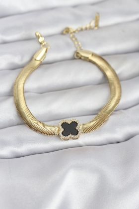 316L Çelik Gold Renk Siyah Yonca Model Zirkon Taşlı Yılan Zincirli Kadın Bileklik - TJ-BB8156