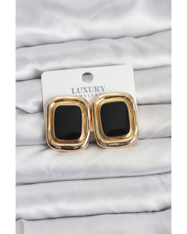 Siyah Mineli Kare Gold Renk Vintage Kadın Küpe - TJ-BKP11490