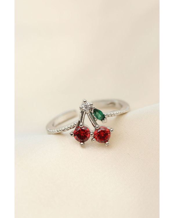 Ayarlamalı Gümüş Renk Kristal Taşlı Kiraz Yüzük - TJ-BYK2269