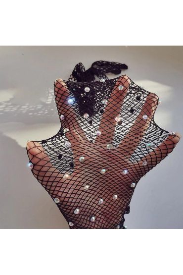 Siyah Renk İncili Elmas İşlemeli File Örgü Uzun Eldiven 45 cm