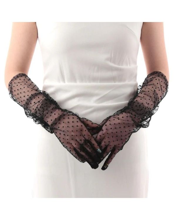 Uzun Boy Siyah Puantiyeli Siyah Renk Yetişkin Tül Eldiven 55 cm
