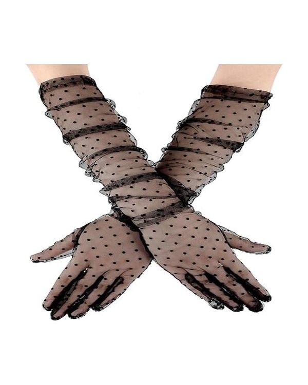 Uzun Boy Siyah Puantiyeli Siyah Renk Yetişkin Tül Eldiven 55 cm