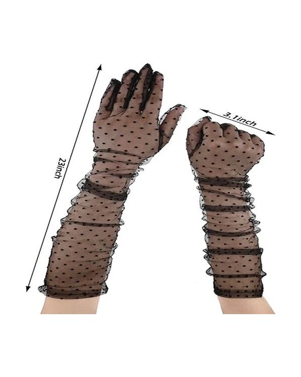 Uzun Boy Siyah Puantiyeli Siyah Renk Yetişkin Tül Eldiven 55 cm