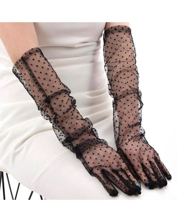 Uzun Boy Siyah Puantiyeli Siyah Renk Yetişkin Tül Eldiven 55 cm
