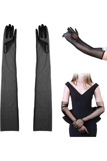 Uzun Boy Likralı Siyah Renk Yetişkin Mega Tül Eldiven 53 cm