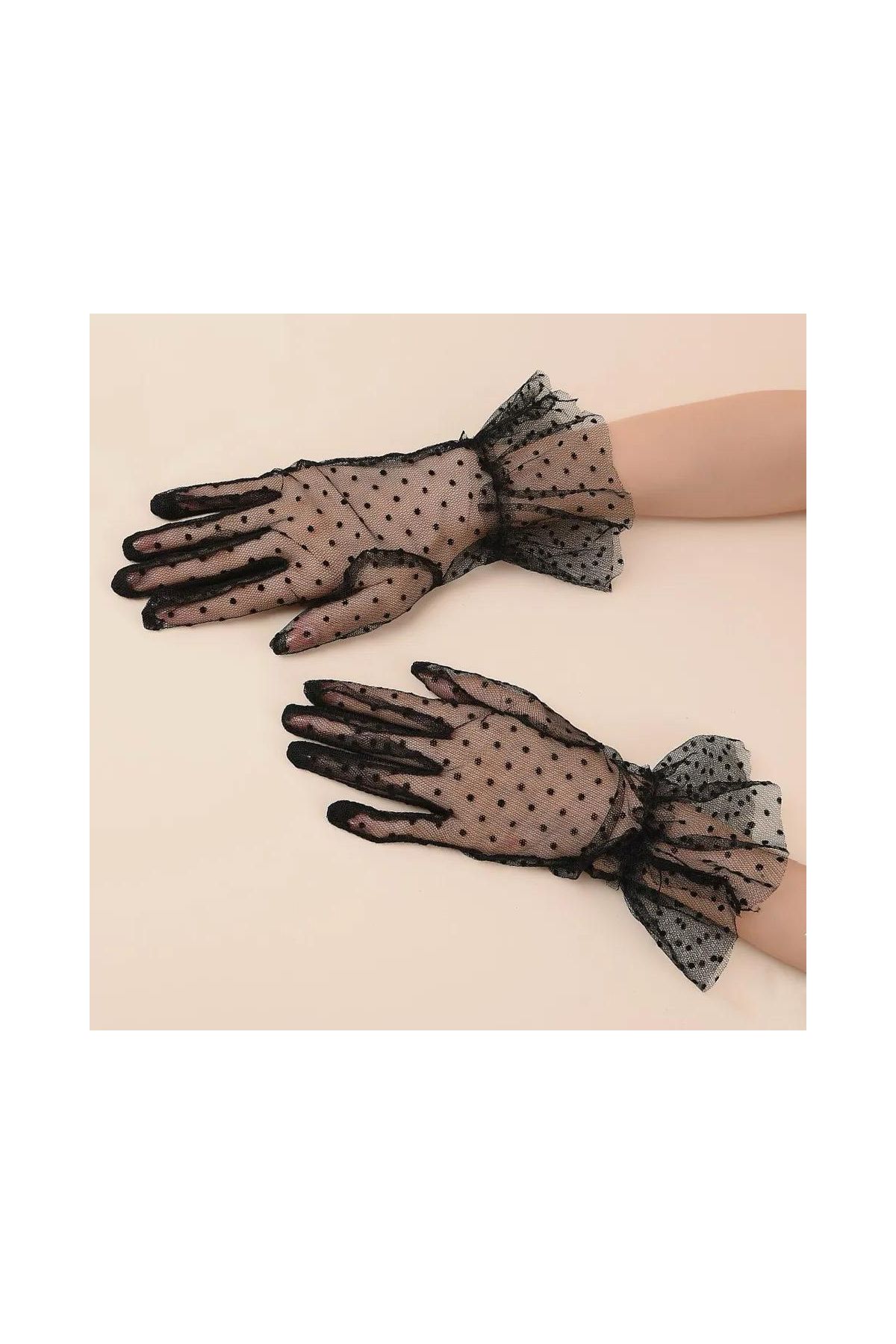 Kısa Boy Güpürlü Siyah Puantiyeli Tül Eldiven Siyah Renk