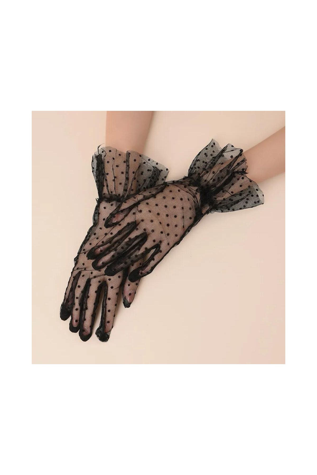 Kısa Boy Güpürlü Siyah Puantiyeli Tül Eldiven Siyah Renk