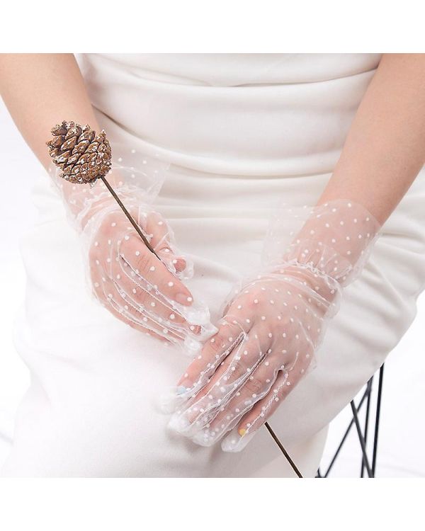 Kısa Boy Güpürlü Beyaz Puantiyeli Tül Eldiven Beyaz Renk