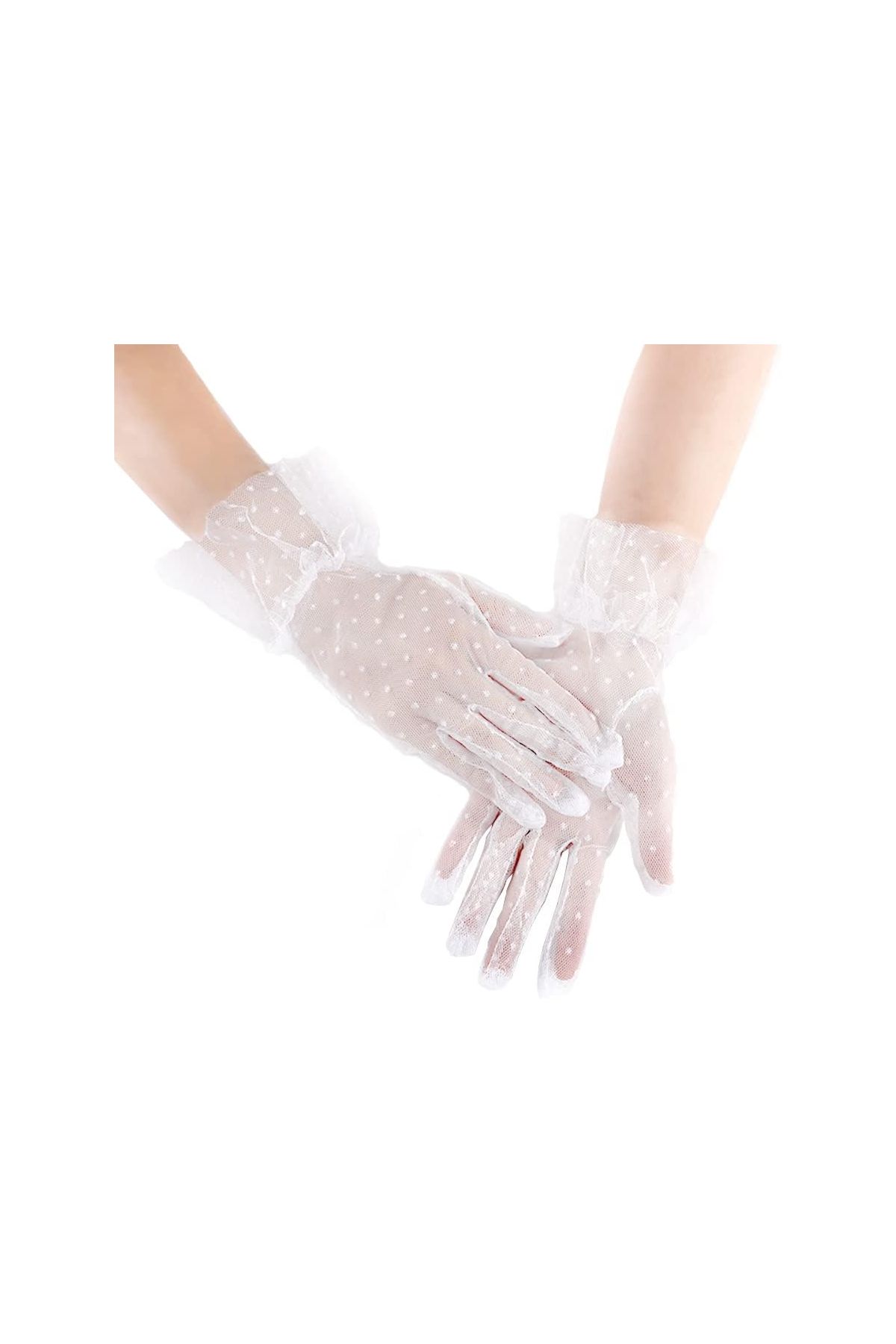 Kısa Boy Güpürlü Beyaz Puantiyeli Tül Eldiven Beyaz Renk