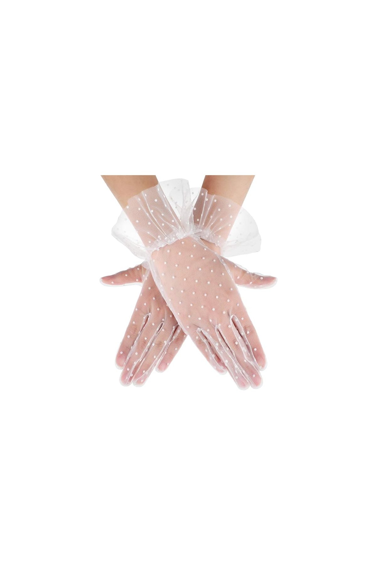 Kısa Boy Güpürlü Beyaz Puantiyeli Tül Eldiven Beyaz Renk