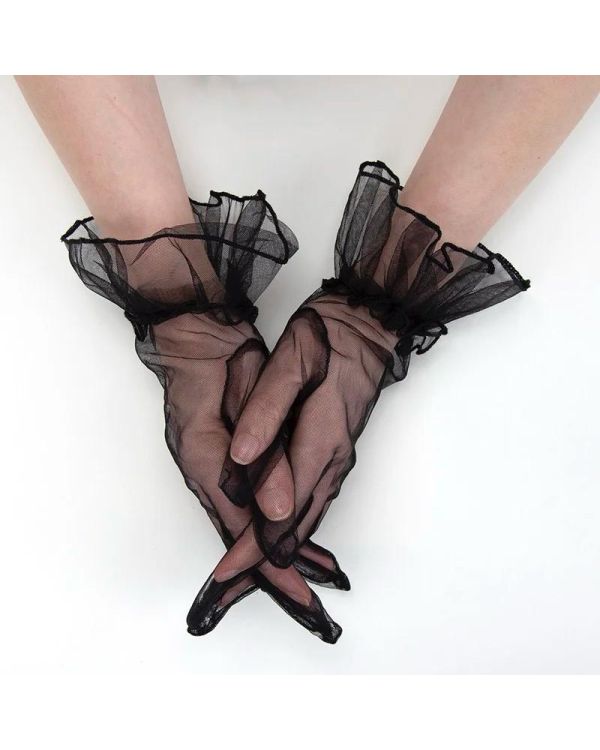 Kısa Boy Likralı Güpürlü Yetişkin Tül Eldiven Siyah Renk