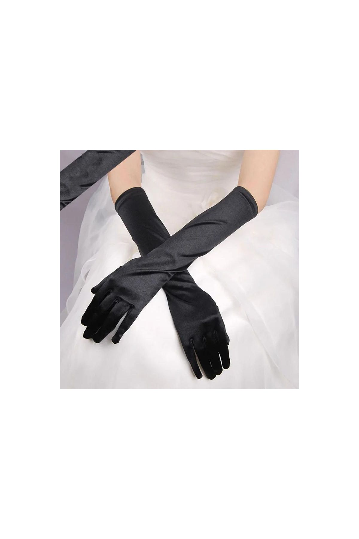 Uzun Boy Ekstra Parlak Saten Eldiven Siyah Renk