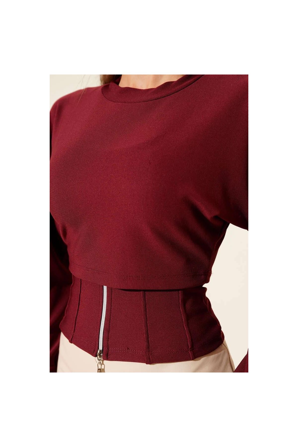 Fitilli Bisiklet Yaka İkili Bluz bordo T4341