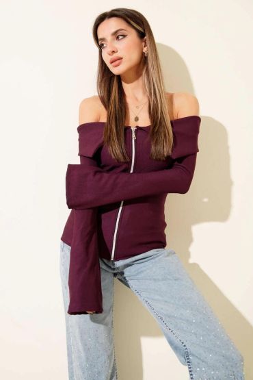 Omzu Açık Fermuarlı Bluz Mürdüm T4330