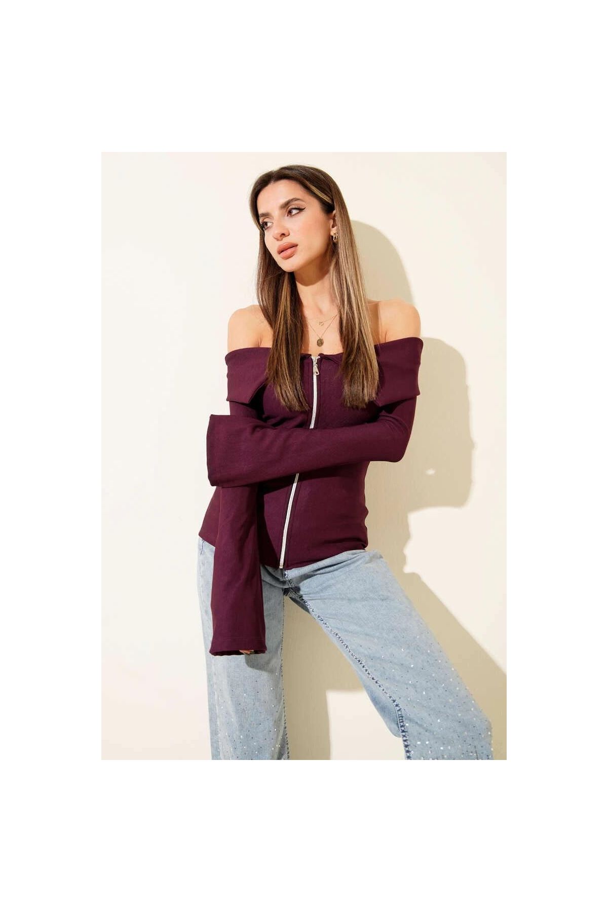 Omzu Açık Fermuarlı Bluz Mürdüm T4330