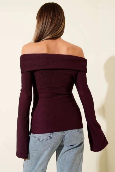 Omzu Açık Fermuarlı Bluz Mürdüm T4330