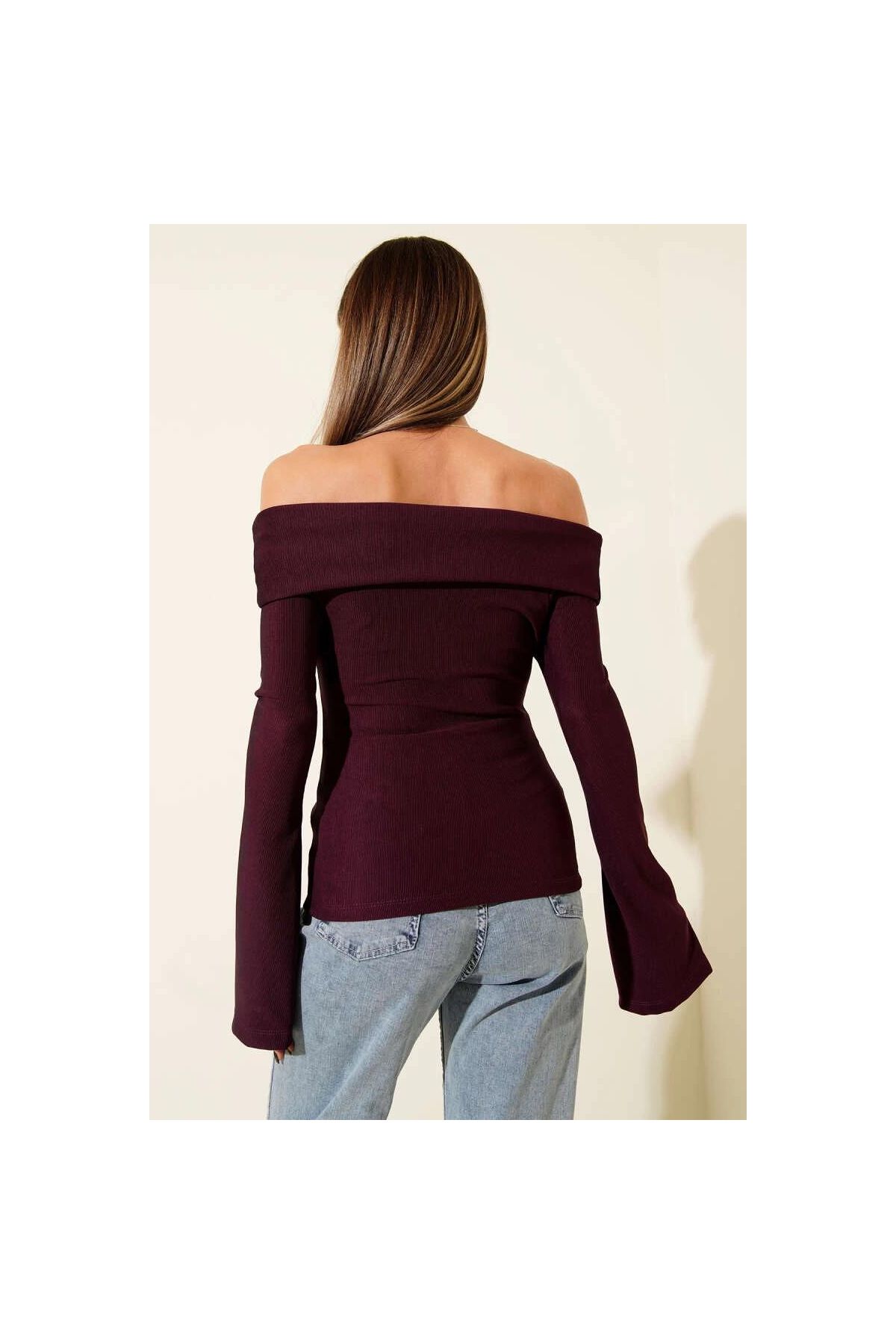 Omzu Açık Fermuarlı Bluz Mürdüm T4330