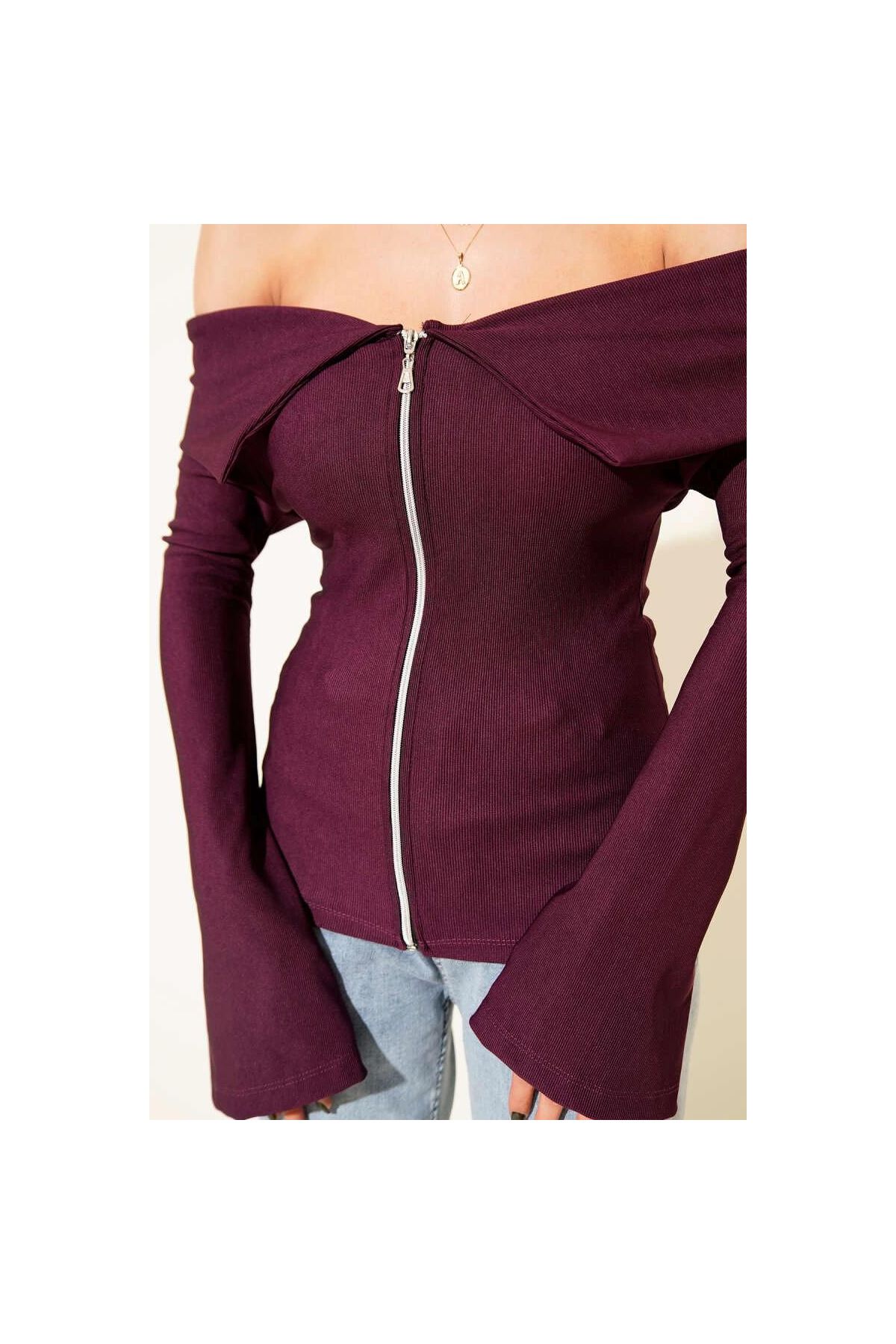 Omzu Açık Fermuarlı Bluz Mürdüm T4330