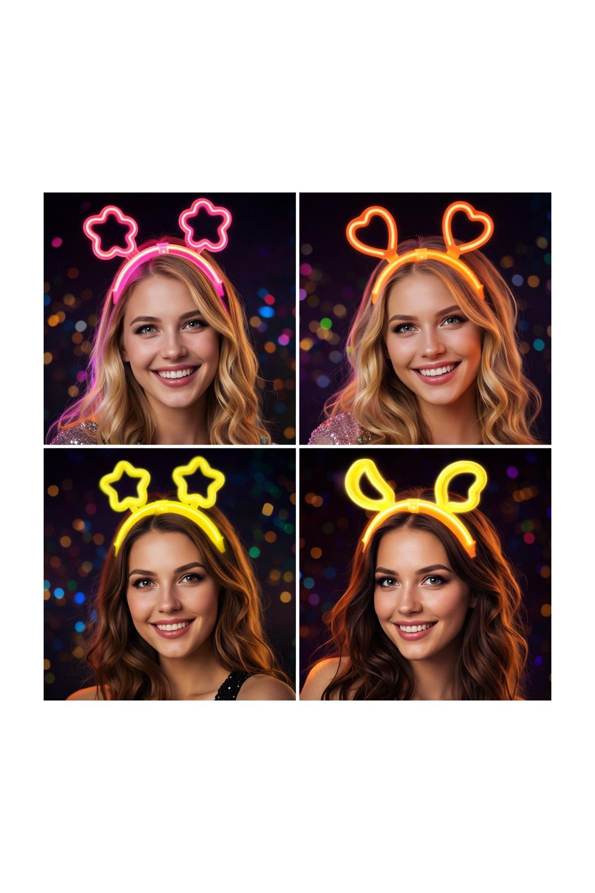 Karanlıkta Parlayan Glow Taç Seti 12 Adet – Yıldız Kalp Ay Çiçek (Her Model 3 Adet)