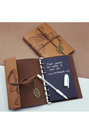 Siyah Yapraklı Deri Defter Ve Kalem Seti