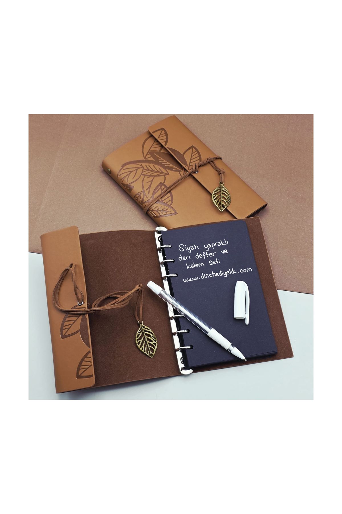 Siyah Yapraklı Deri Defter Ve Kalem Seti