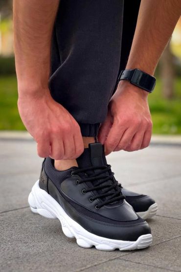 KB-707   Siyah Cilt Yüksek Taban Bağcıklı Günlük Erkek Ayakkabı