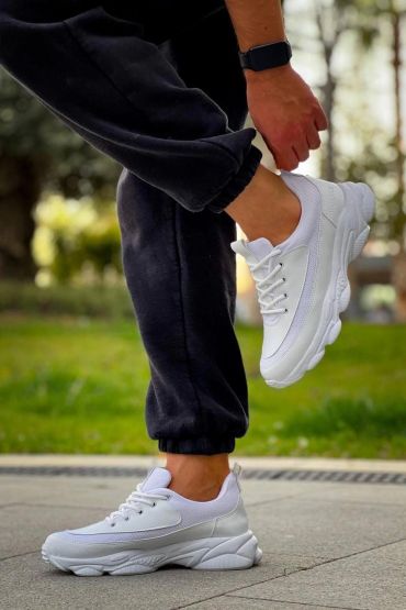 KB-707    Beyaz Cilt Yüksek Taban Bağcıklı Günlük Erkek Ayakkabı