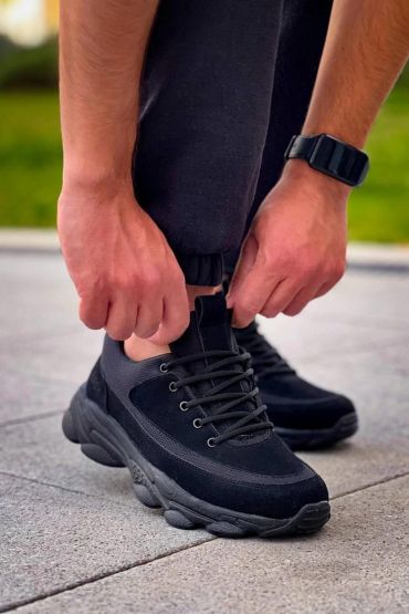 KB-707    Siyah Süet Siyah Yüksek Taban Bağcıklı Günlük Erkek Ayakkabı