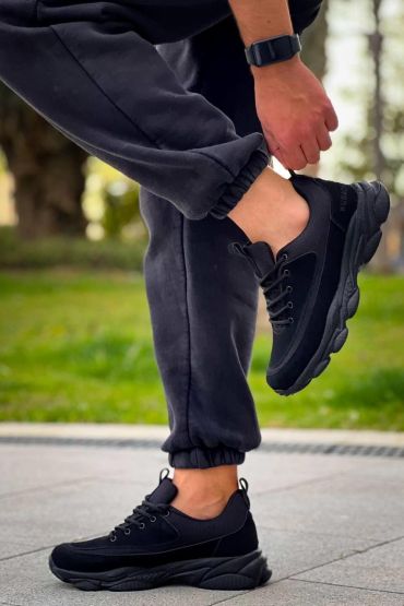 KB-707    Siyah Süet Siyah Yüksek Taban Bağcıklı Günlük Erkek Ayakkabı