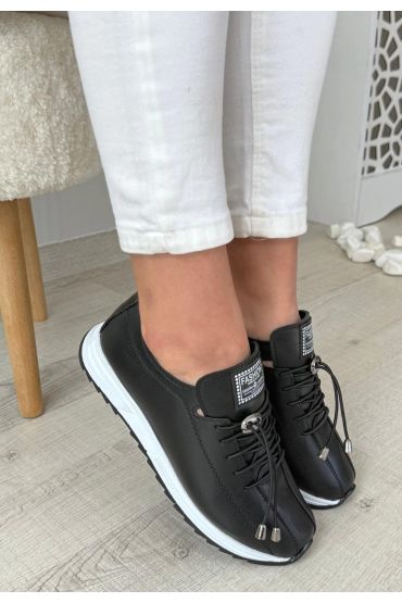 Monya Siyah Cilt Bağcıklı Spor Ayakkabı