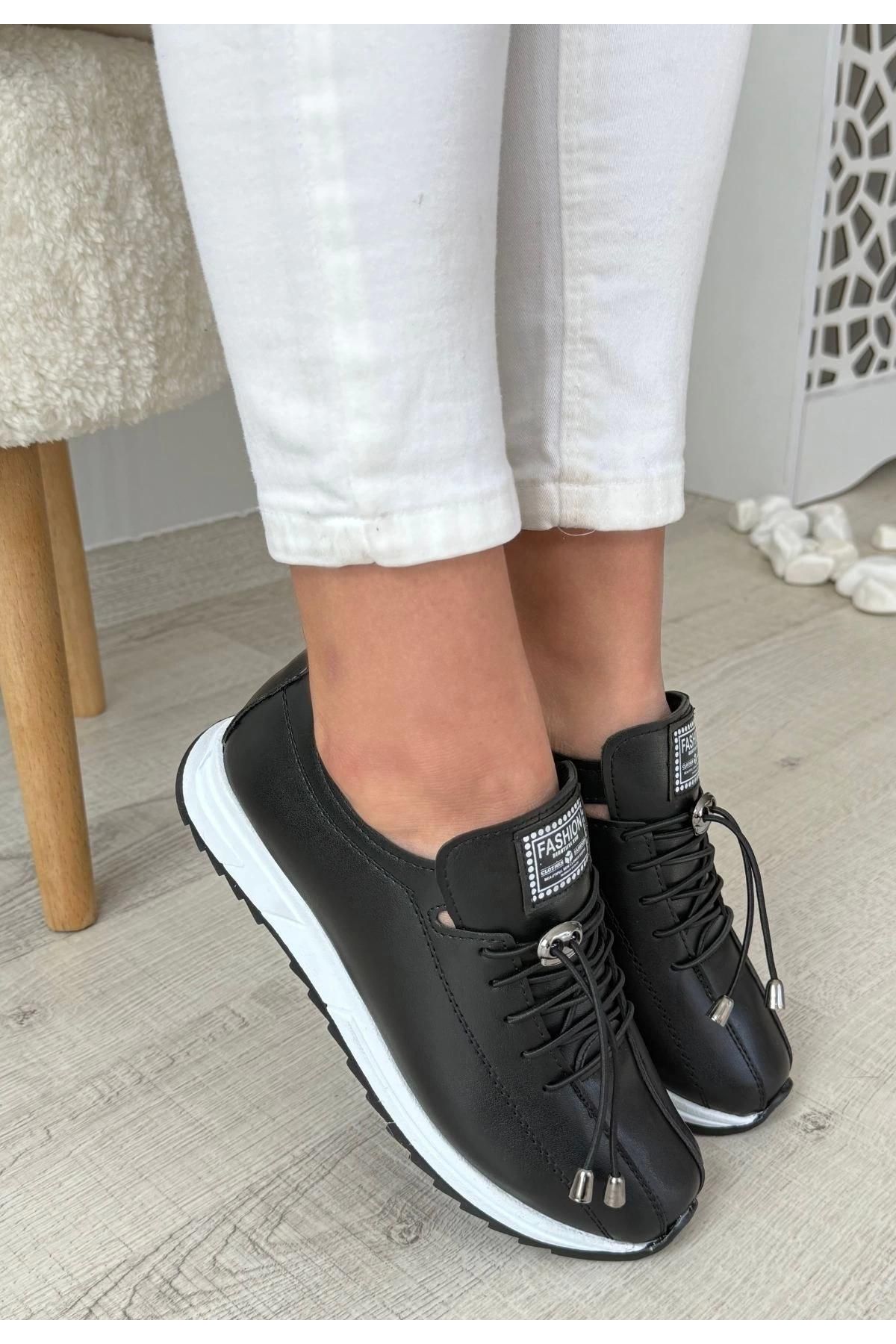Monya Siyah Cilt Bağcıklı Spor Ayakkabı