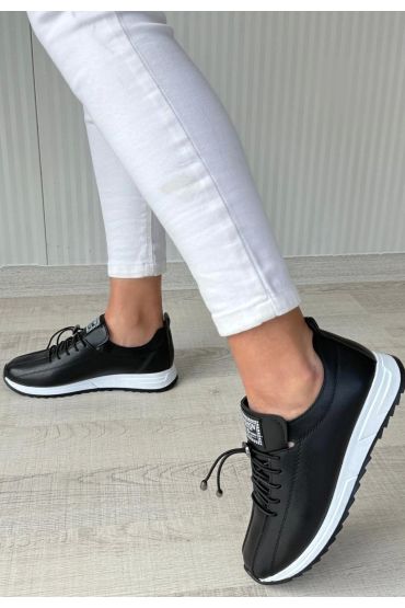 Monya Siyah Cilt Bağcıklı Spor Ayakkabı