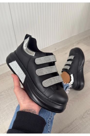 Elika Siyah Cilt Simli Cırt Cırtlı Spor Ayakkabı