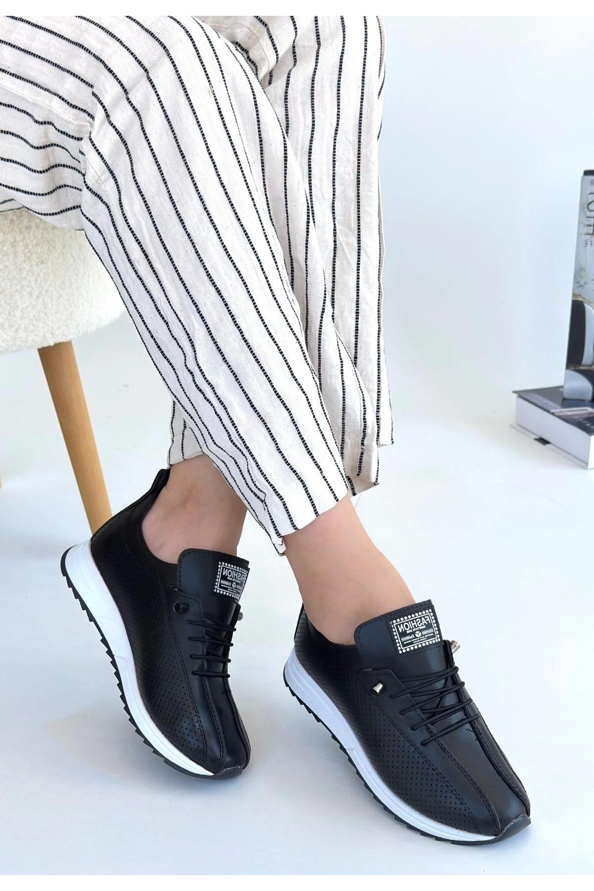 Fiert Siyah Cilt Bağcıklı Spor Ayakkabı