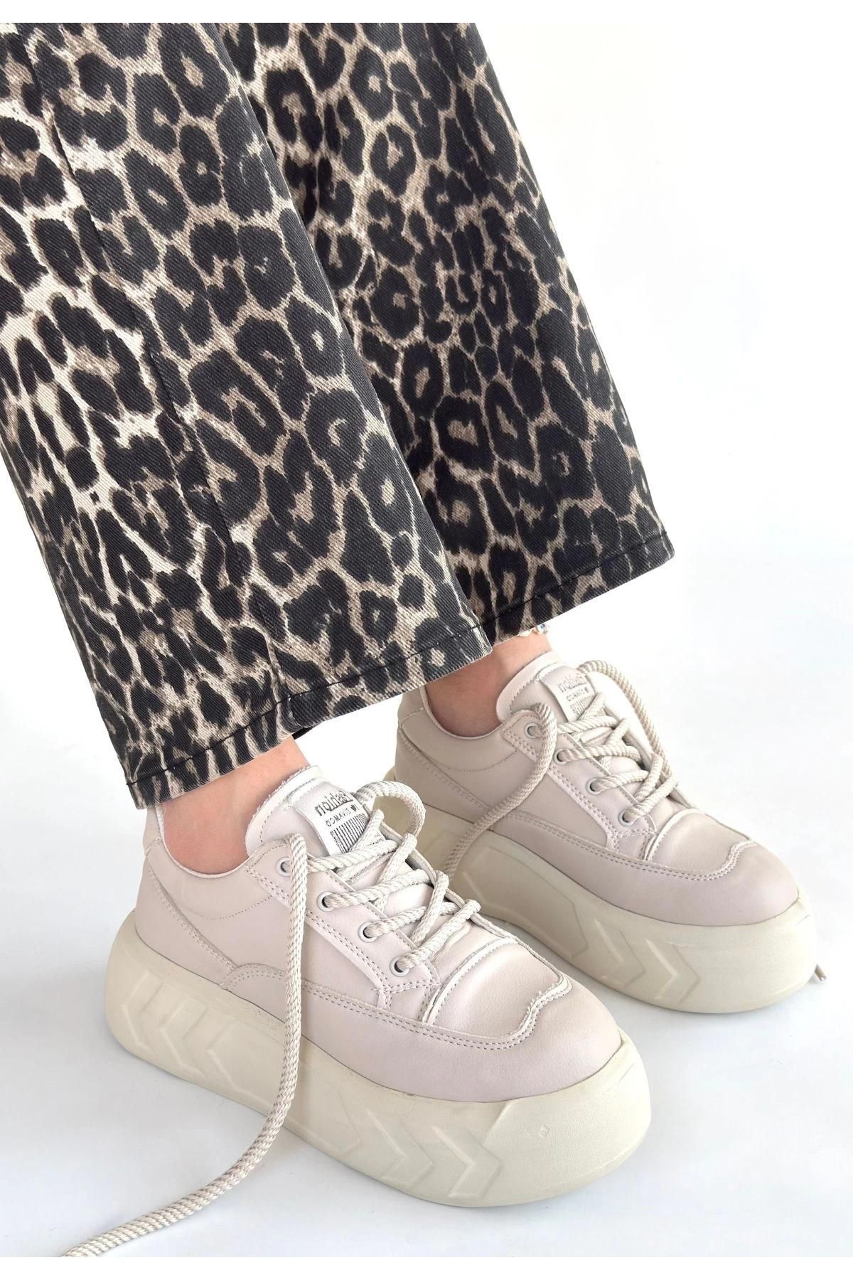 Emwa Bej Cilt Bağcıklı Spor Ayakkabı