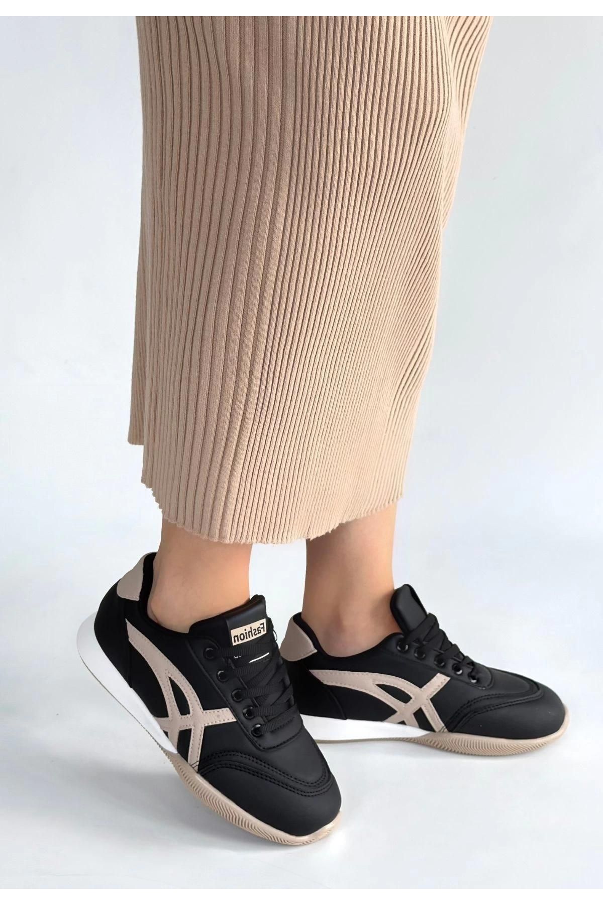 Zlay Siyah Cilt Bej Detaylı Bağcıklı Spor Ayakkabı