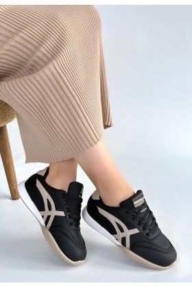 Zlay Siyah Cilt Bej Detaylı Bağcıklı Spor Ayakkabı