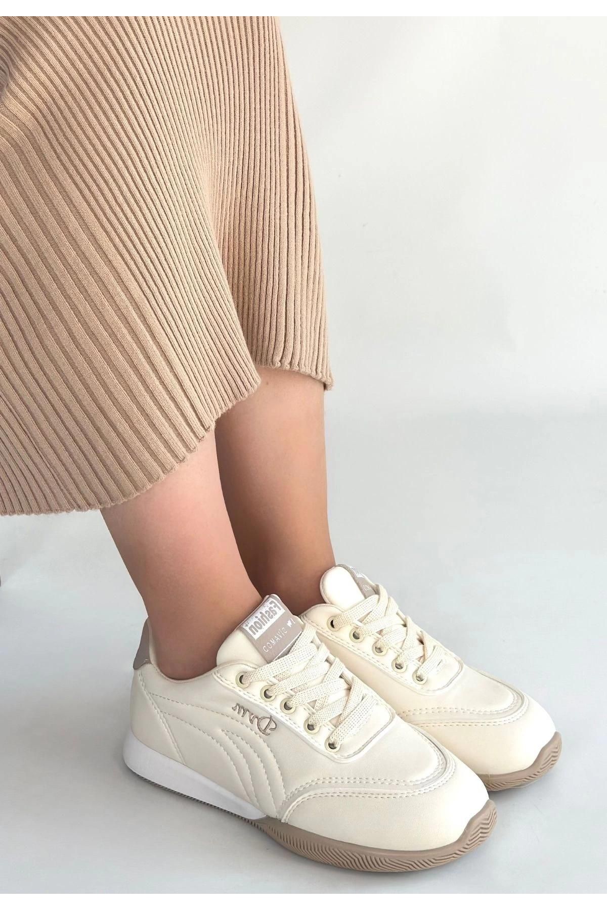 Tawen Bej Cilt Bağcıklı Spor Ayakkabı