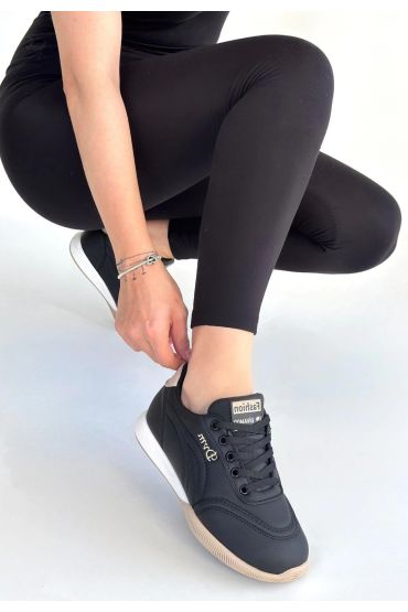 Tawen Siyah Cilt Bej Tabanlı Bağcıklı Spor Ayakkabı